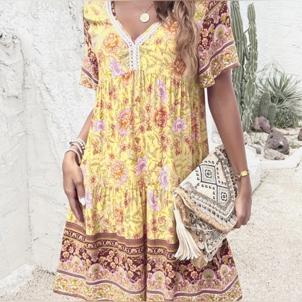Leasty Dress Cool Lightweight Pullover Office Cruise Comfy Size L Yellow Flowers